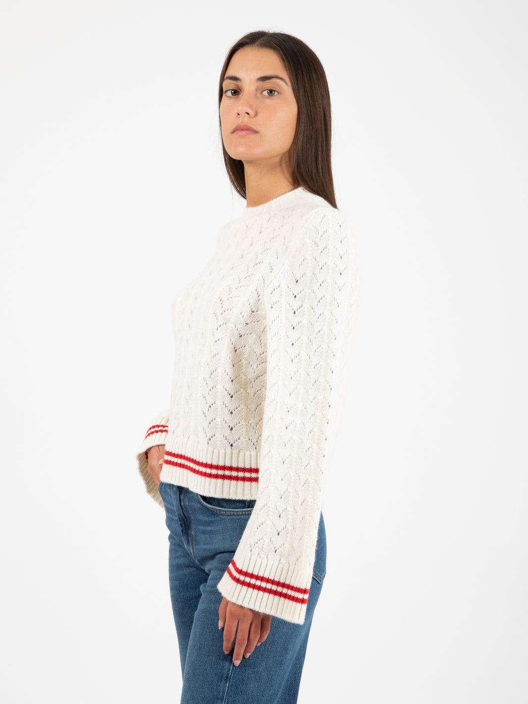 Cream perforated crew neck sweater