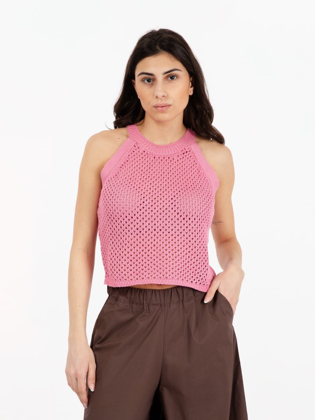 Petal pink macramé sleeveless top