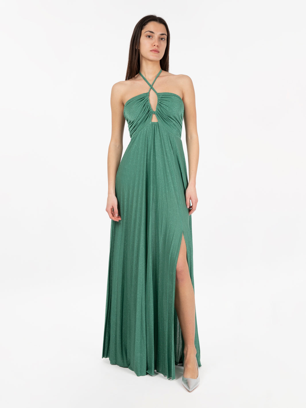 Long lurex pleated eucalyptus dress