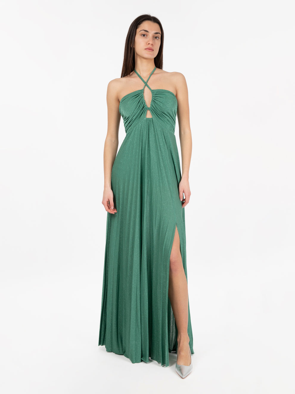 Long lurex pleated eucalyptus dress
