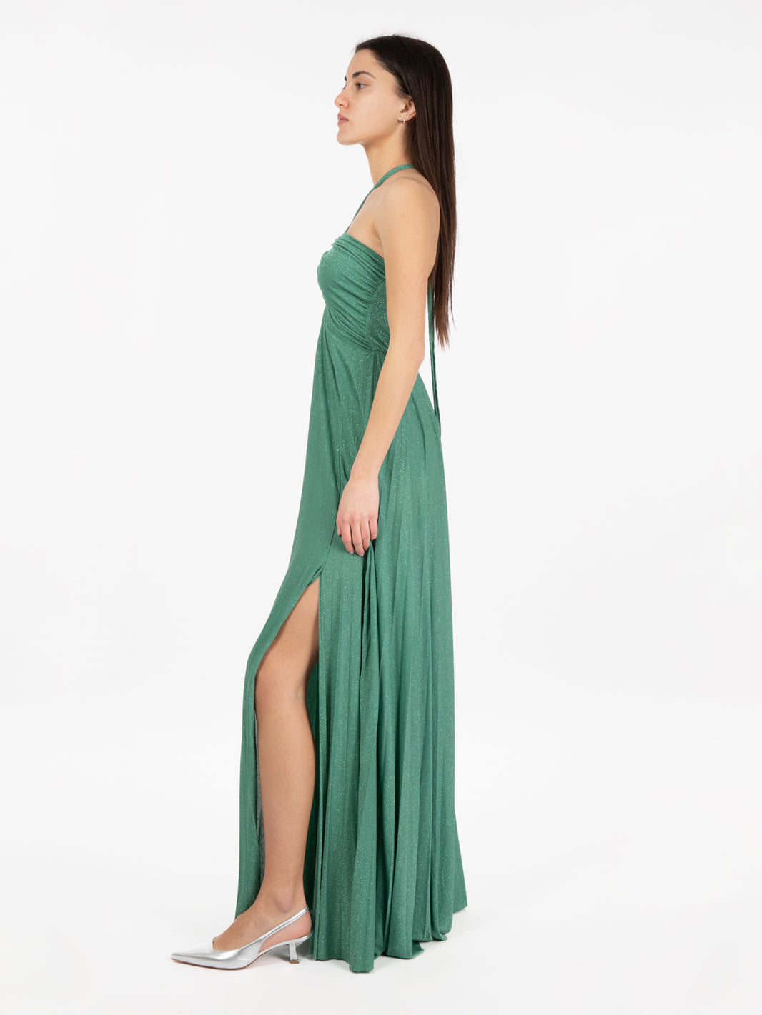 Long lurex pleated eucalyptus dress