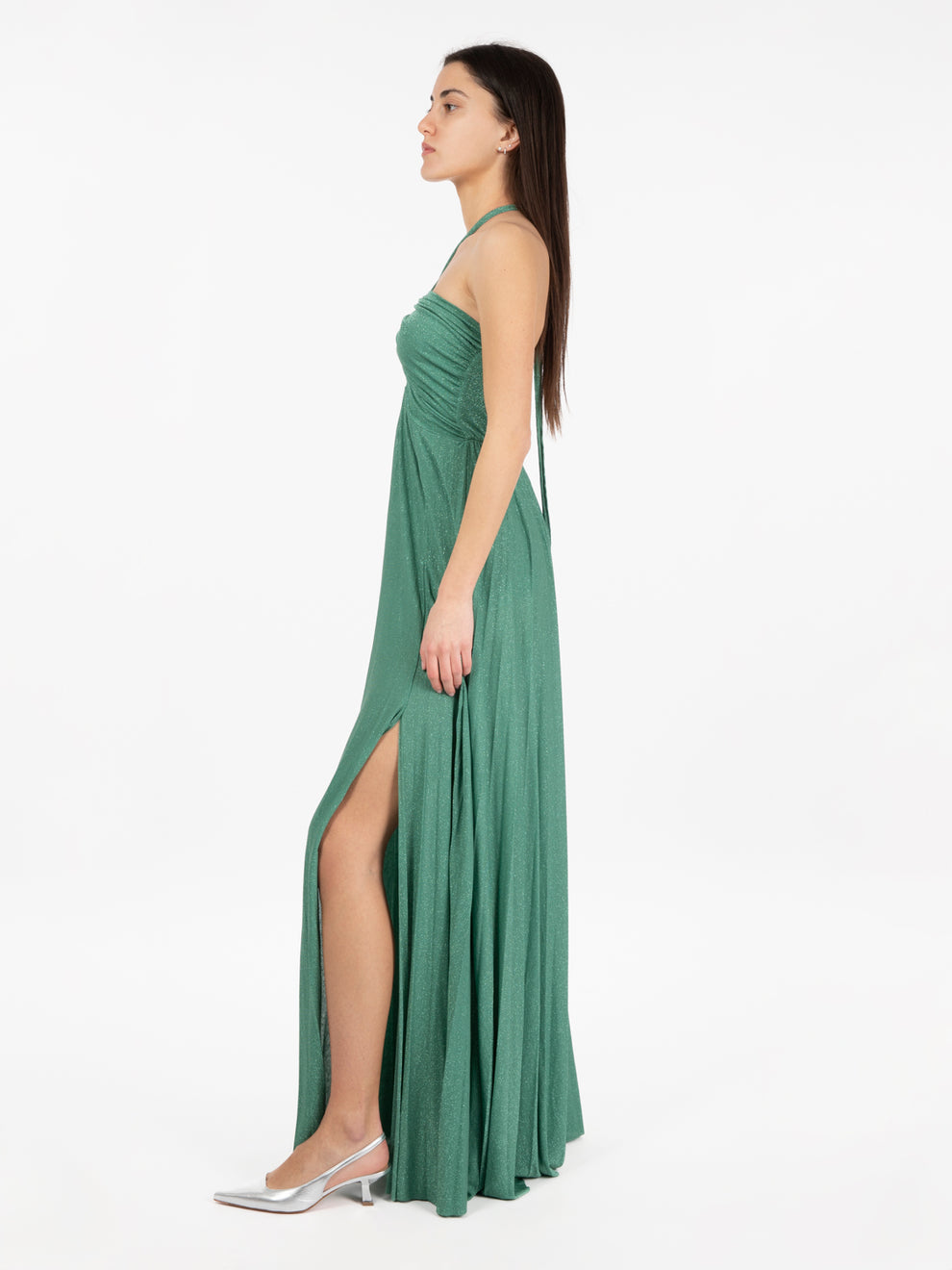 Long lurex pleated eucalyptus dress