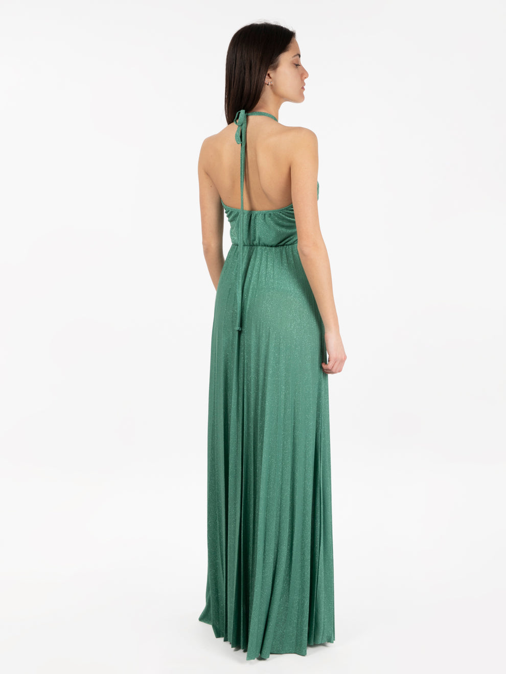 Long lurex pleated eucalyptus dress