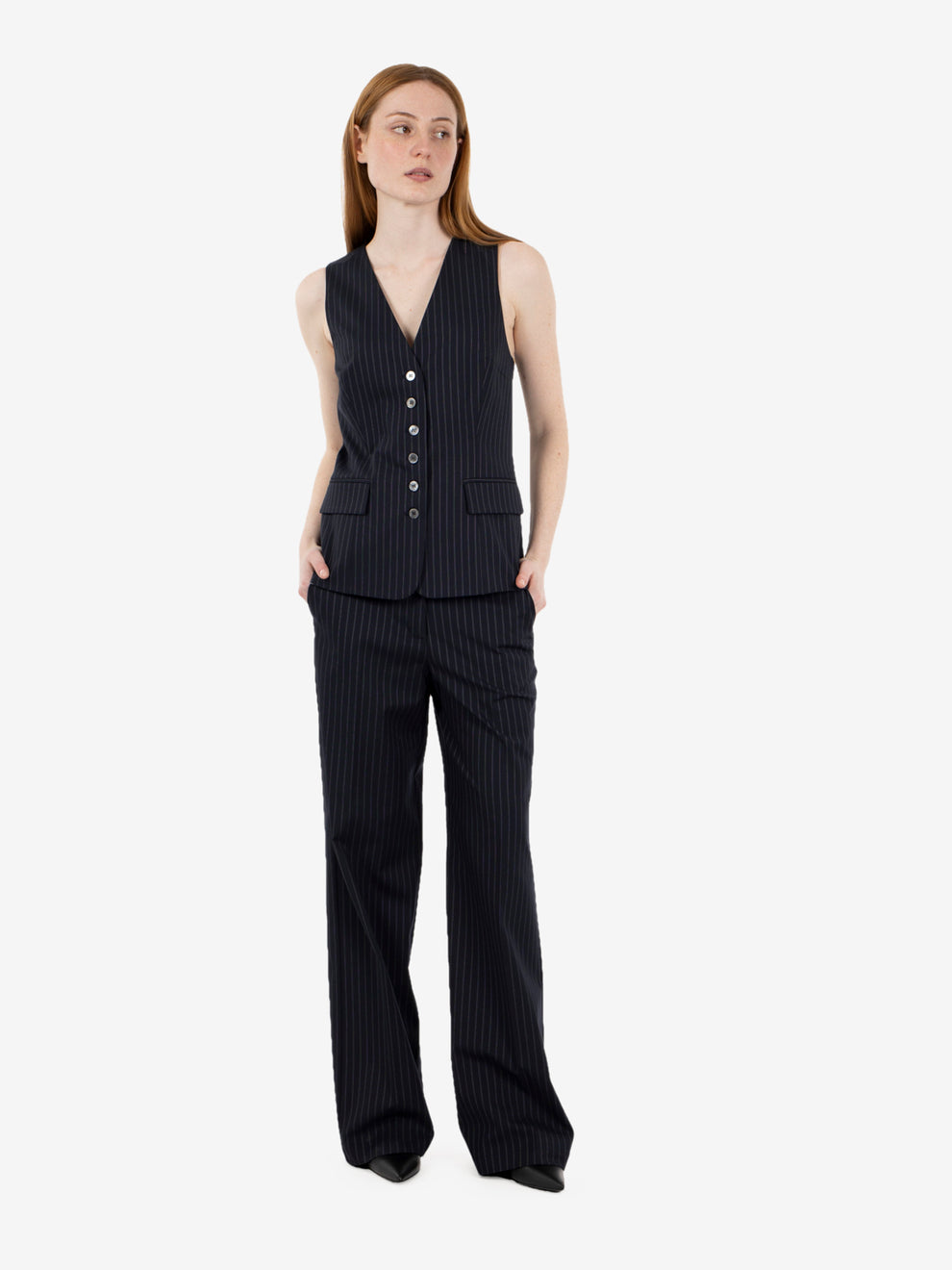 Navy pinstripe trousers