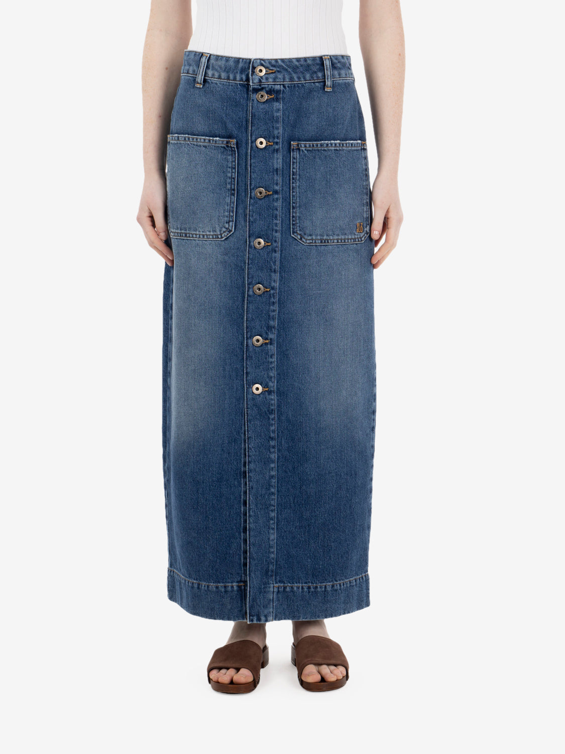 Blue button-front denim midi skirt