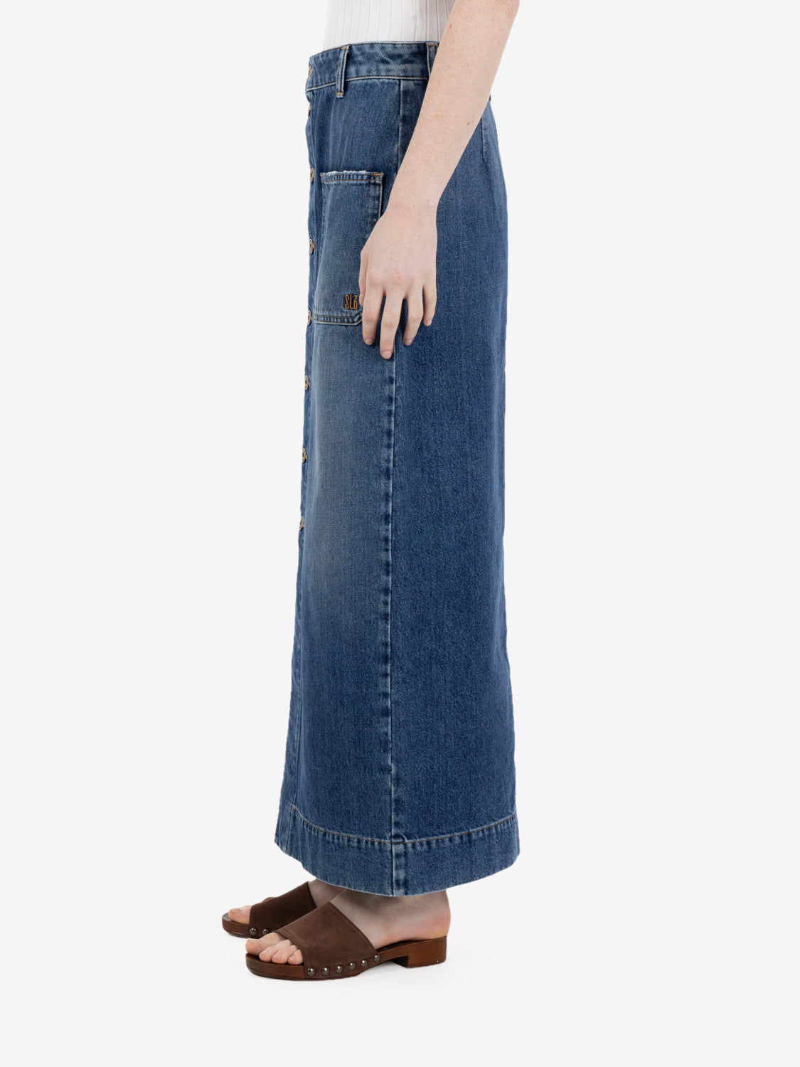 Blue button-front denim midi skirt