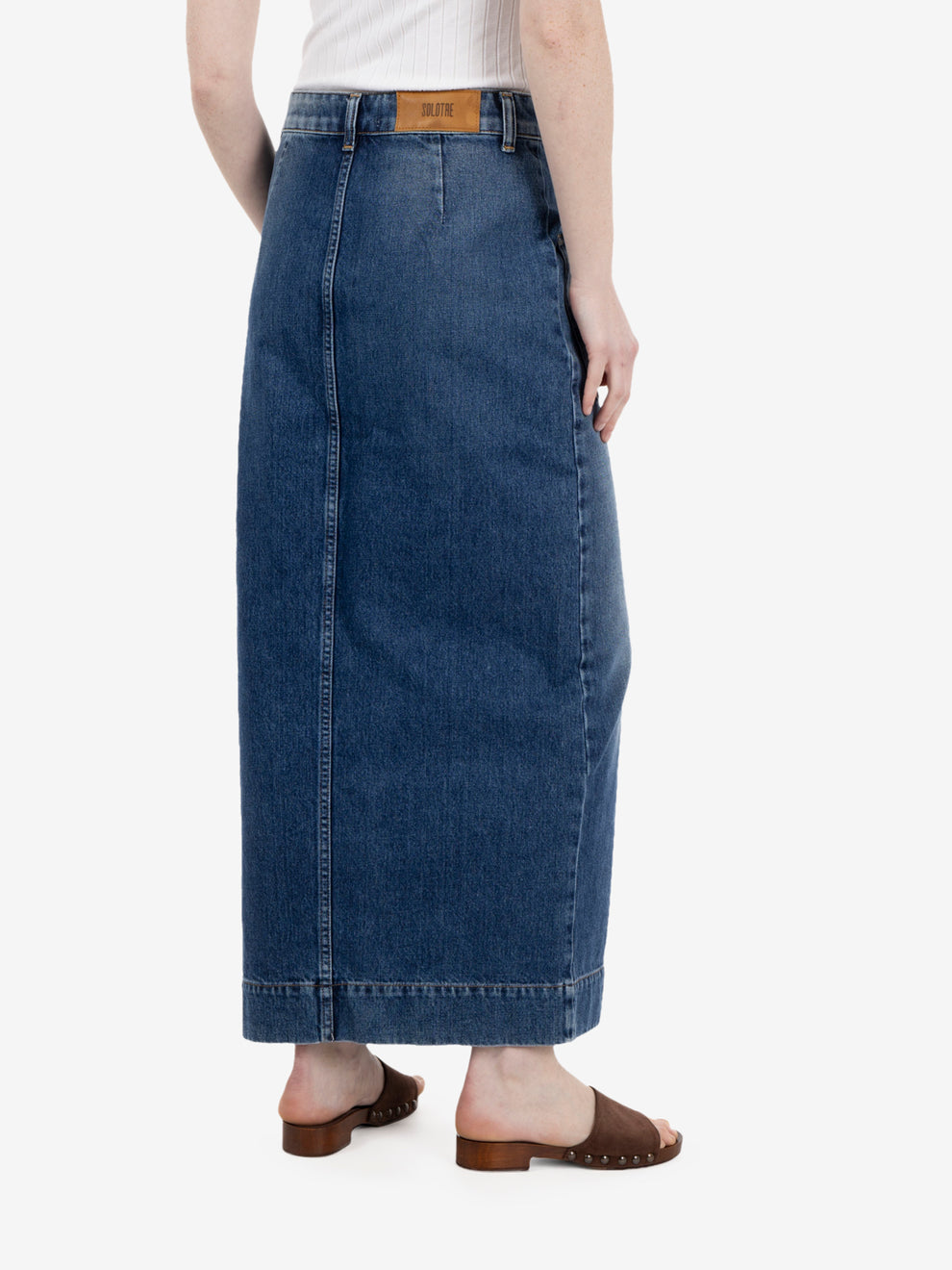 Blue button-front denim midi skirt