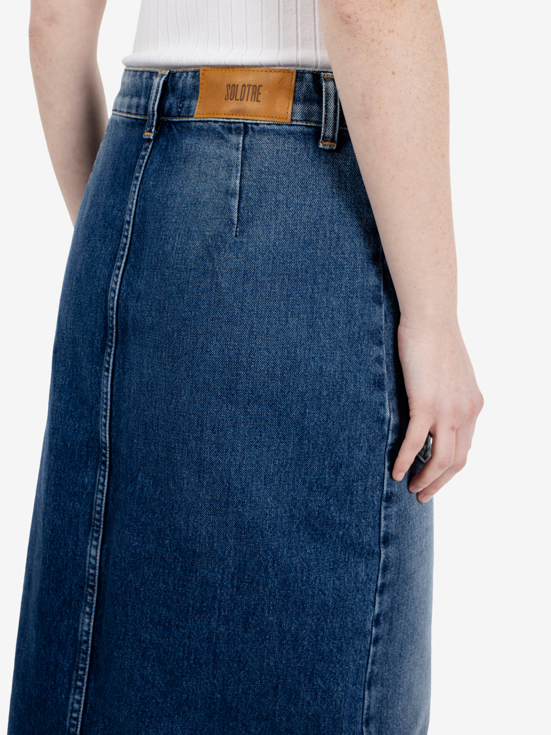 Blue button-front denim midi skirt