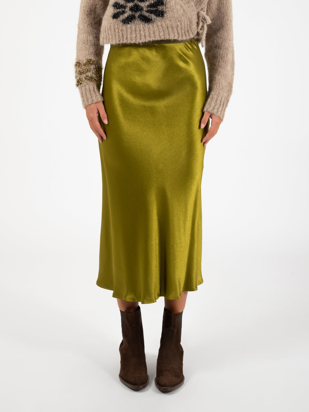 Olive Viscose Satin Midi Skirt