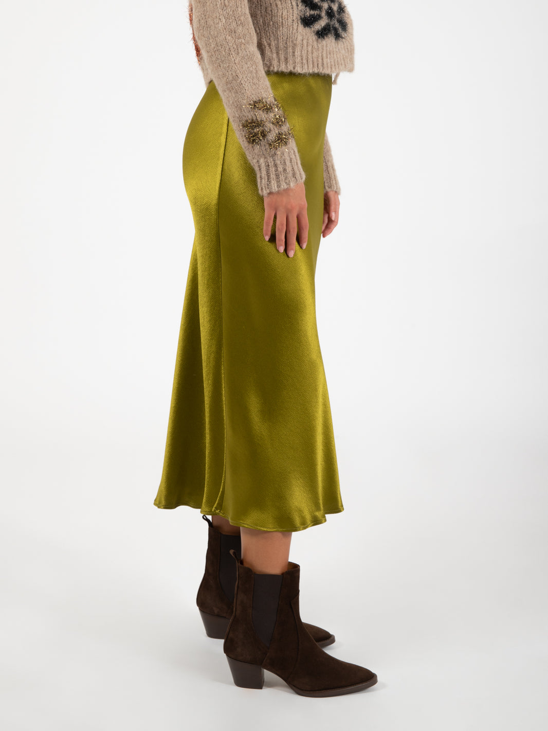 Olive Viscose Satin Midi Skirt