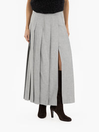 Pleated midi skirt with slit in wool and aluminum