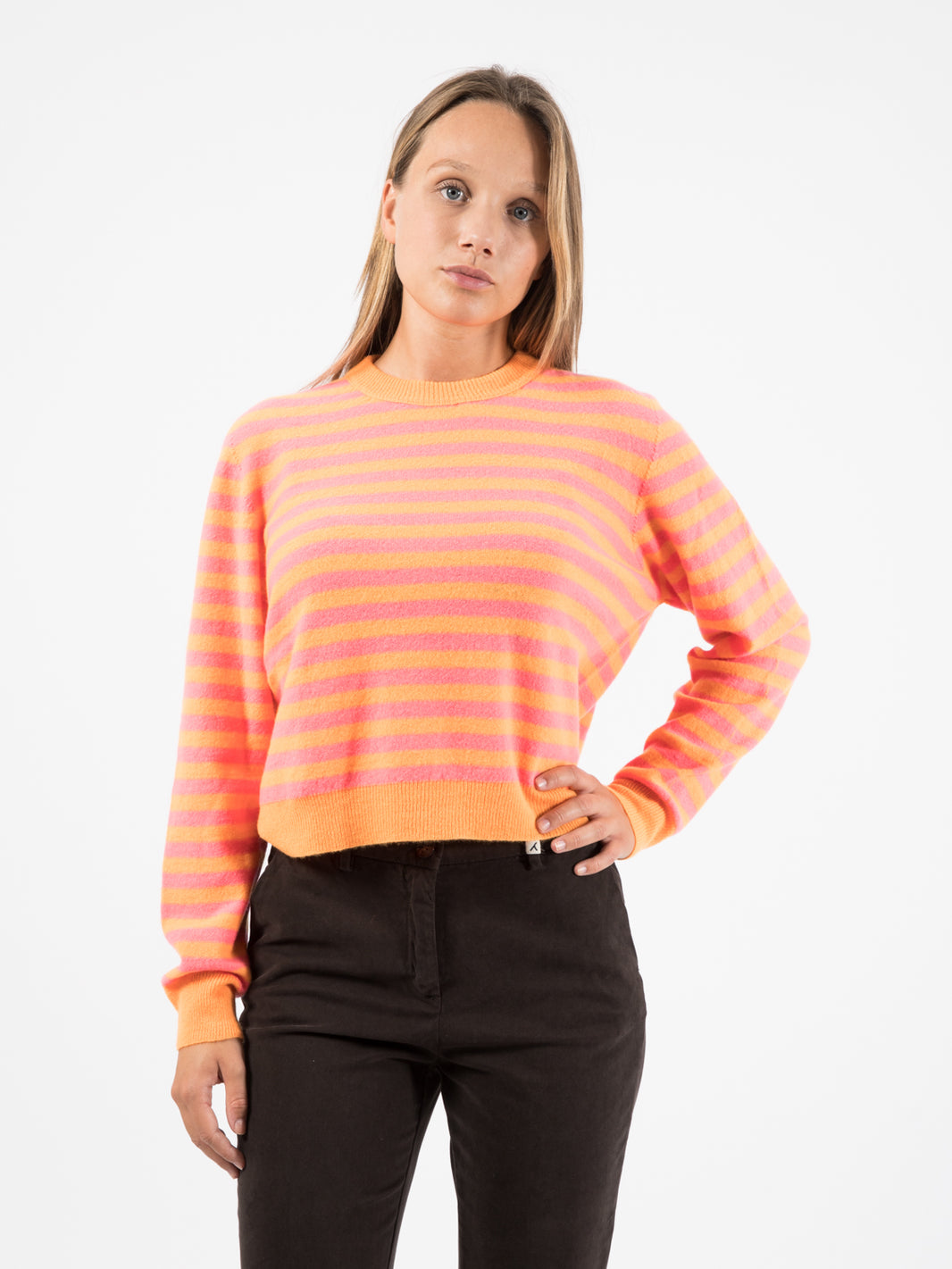 Orange / Fluorescent Fuchsia Striped Crew Neck Sweater