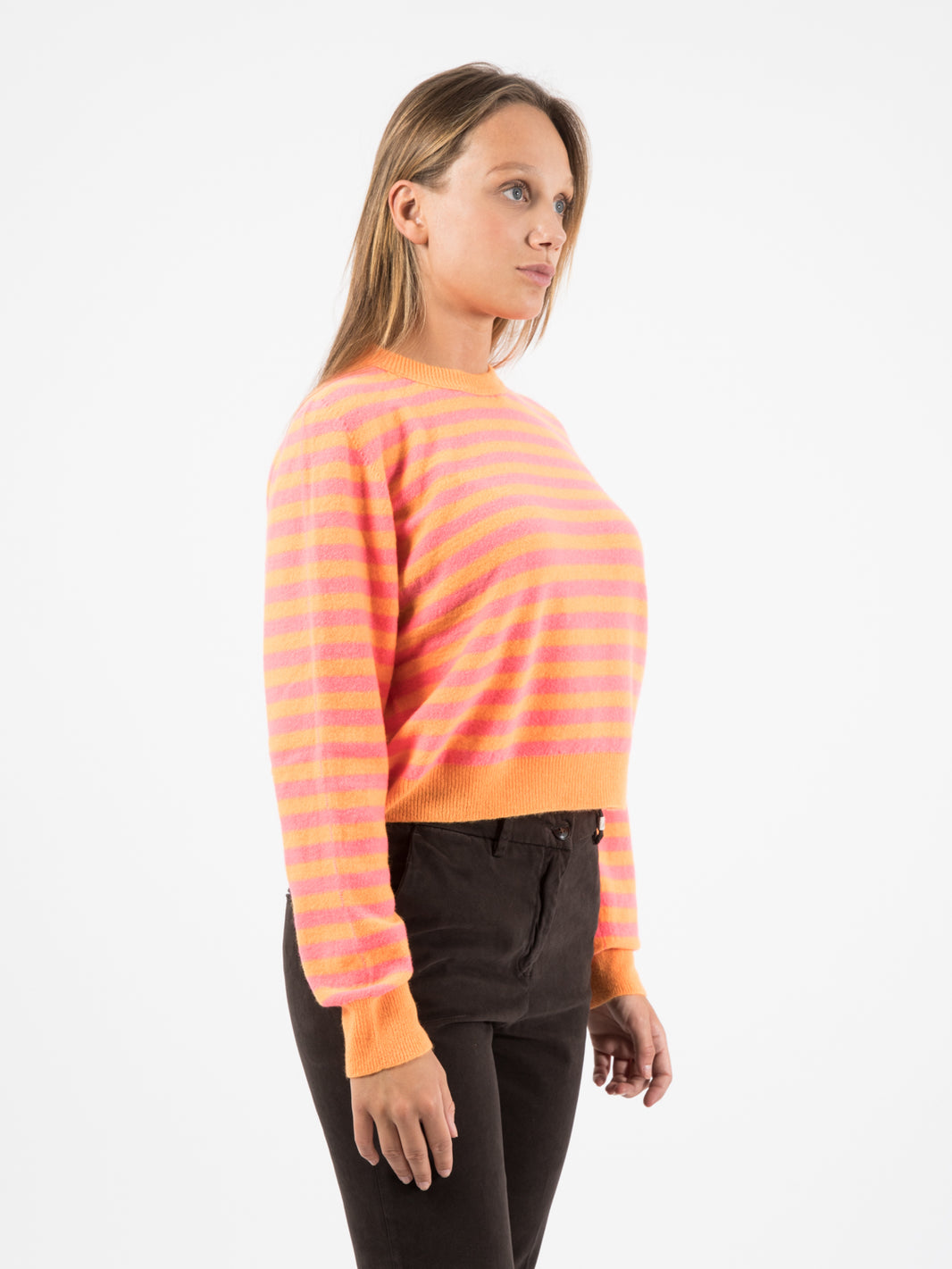 Orange / Fluorescent Fuchsia Striped Crew Neck Sweater