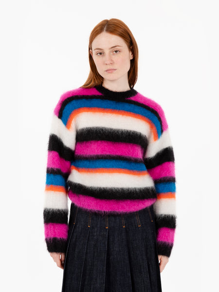 Maglione in misto mohair a righe blu / arancio / fuxia