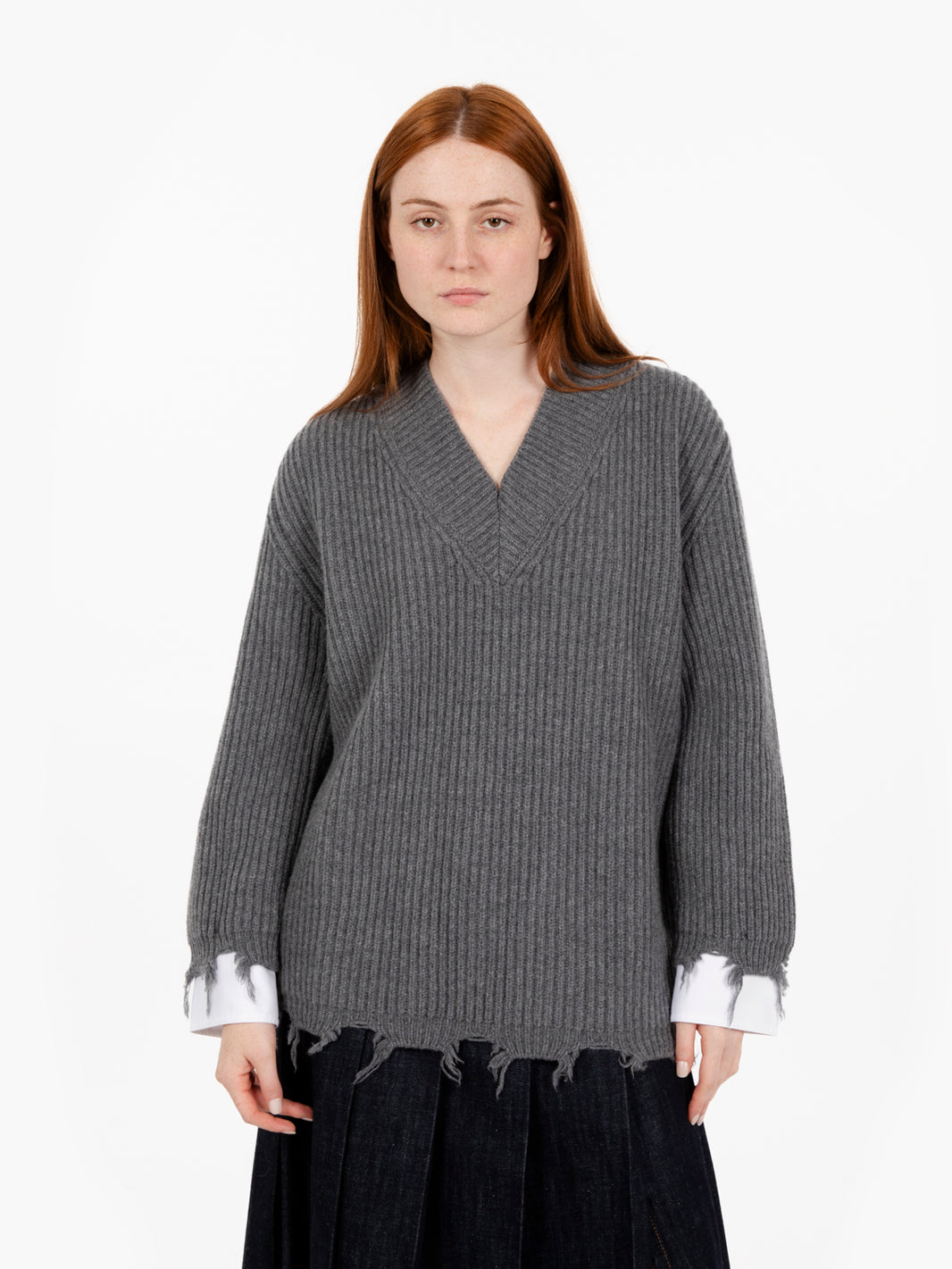 V-Neck Sweater with Shirt Cuffs Grey