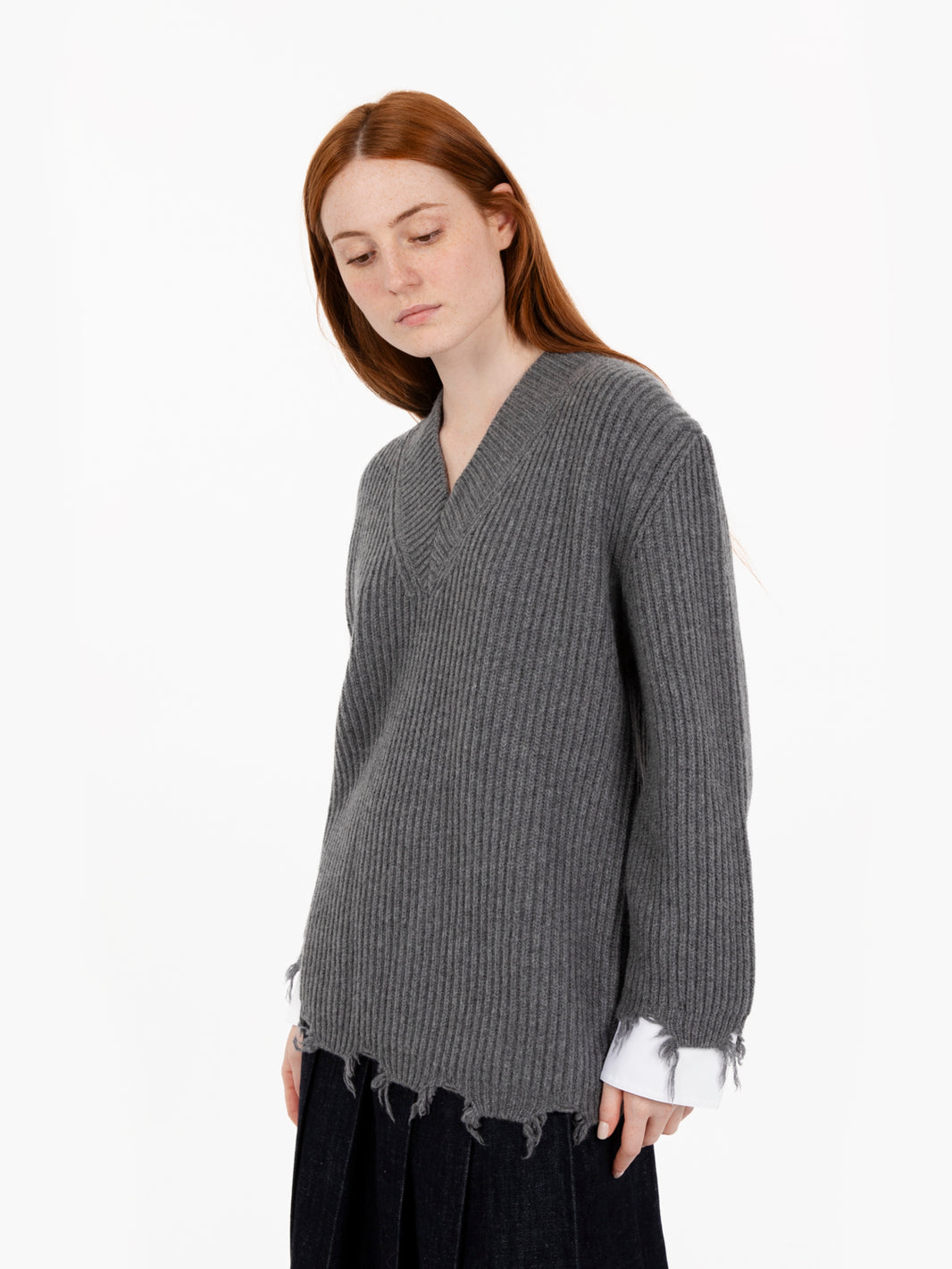 V-Neck Sweater with Shirt Cuffs Grey