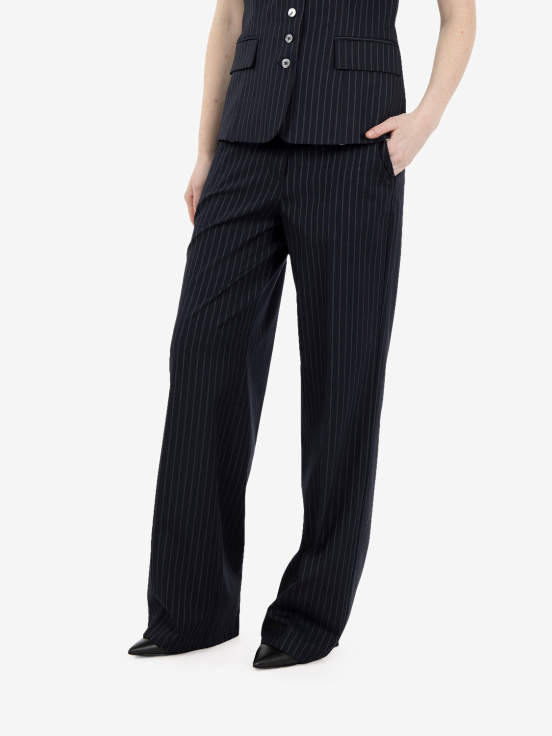 Navy pinstripe trousers
