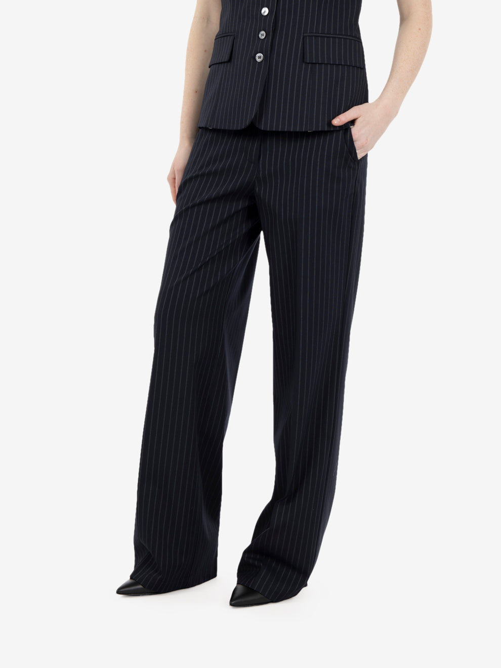 Navy pinstripe trousers