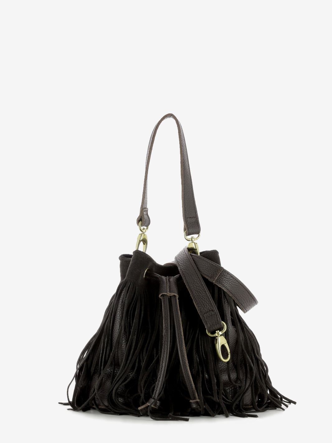 Borsa secchiello Asuka con frange marrone