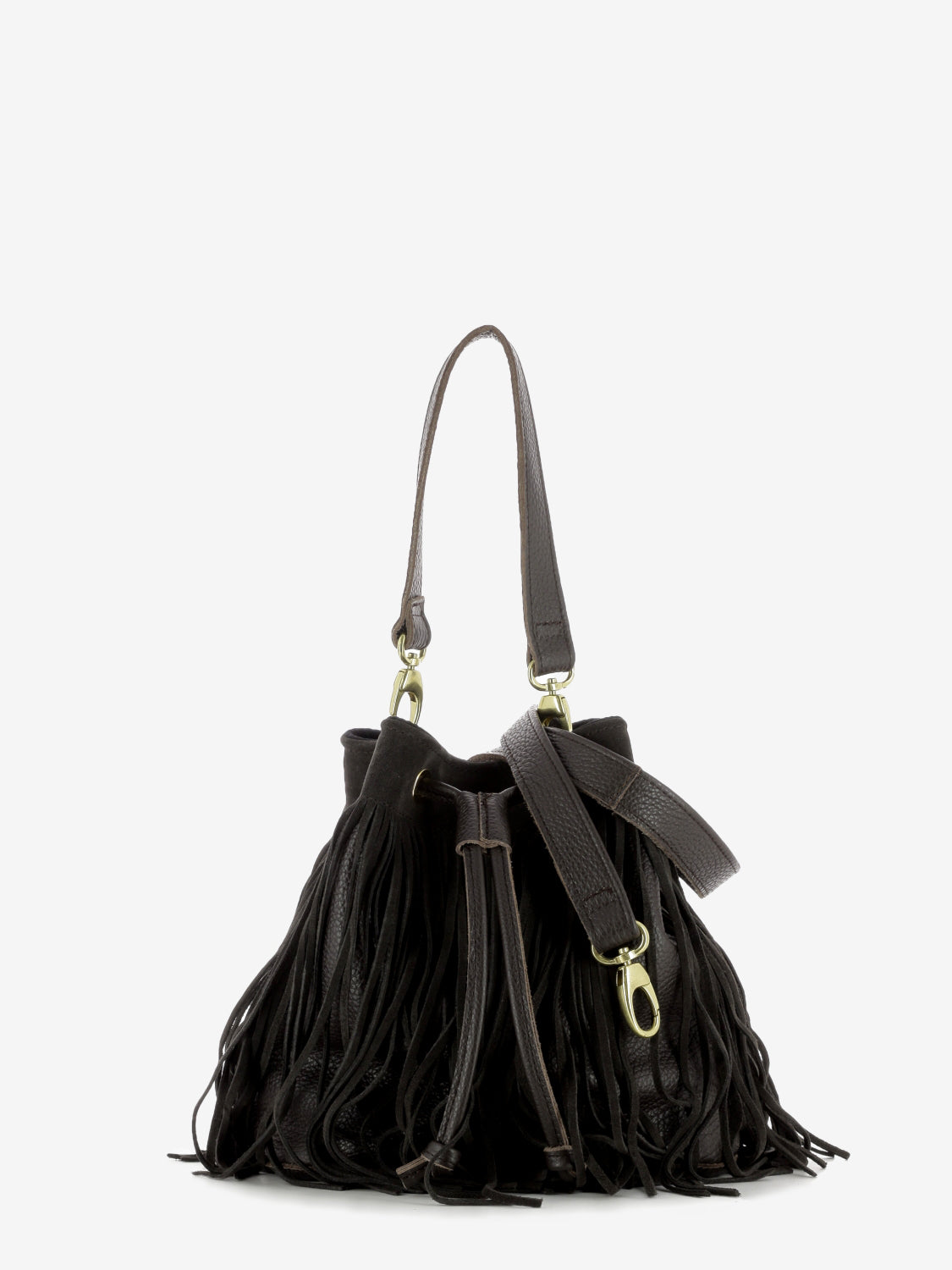 Borsa secchiello Asuka con frange marrone