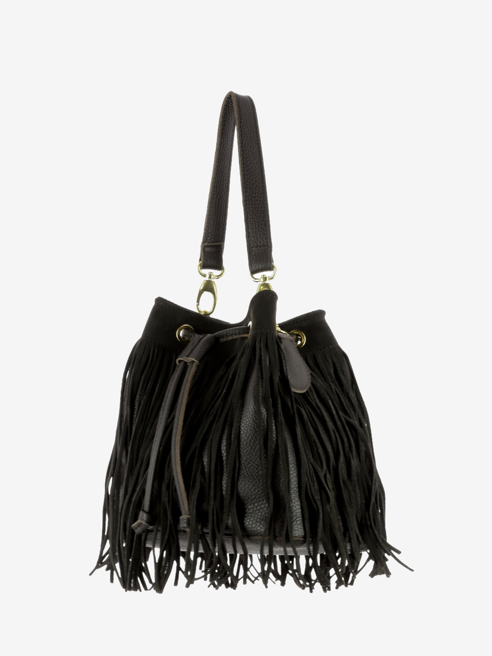 Borsa secchiello Asuka con frange marrone