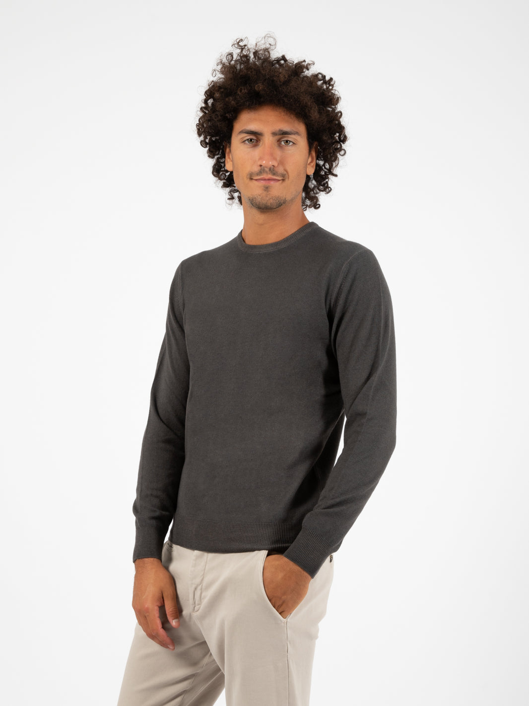 Maglione girocollo in lana e seta cioccolato