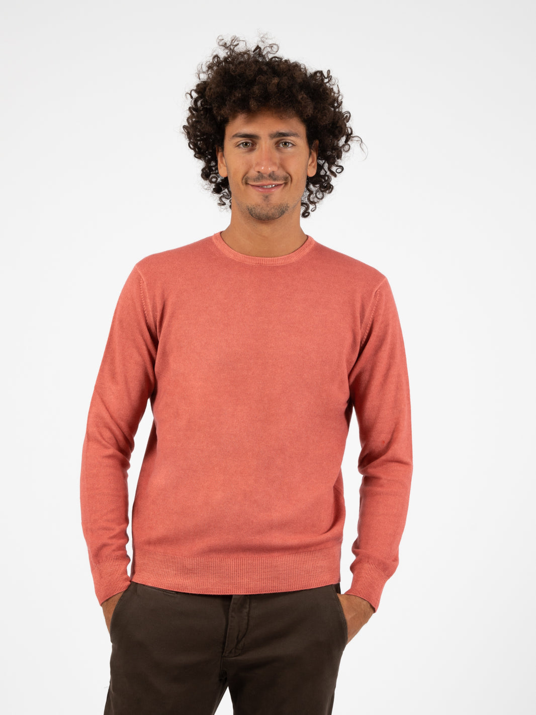 Maglione girocollo in lana e seta corallo