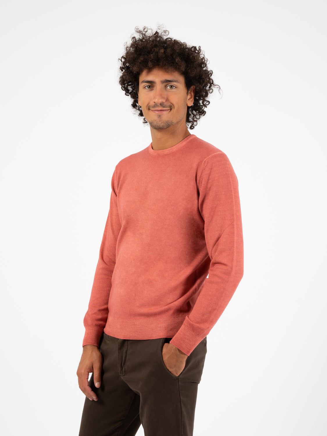 Maglione girocollo in lana e seta corallo