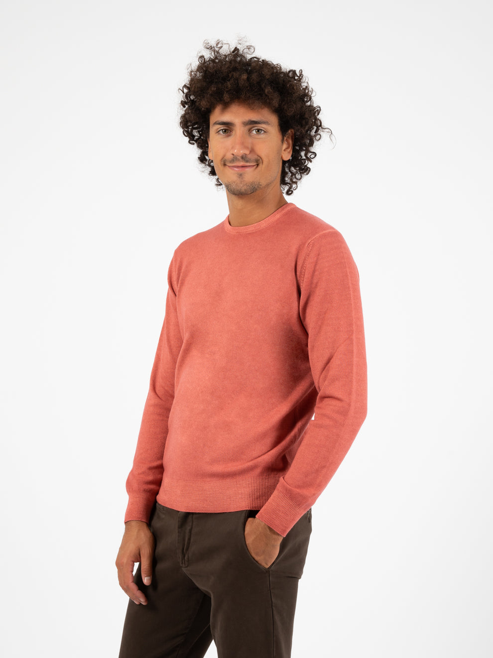Maglione girocollo in lana e seta corallo