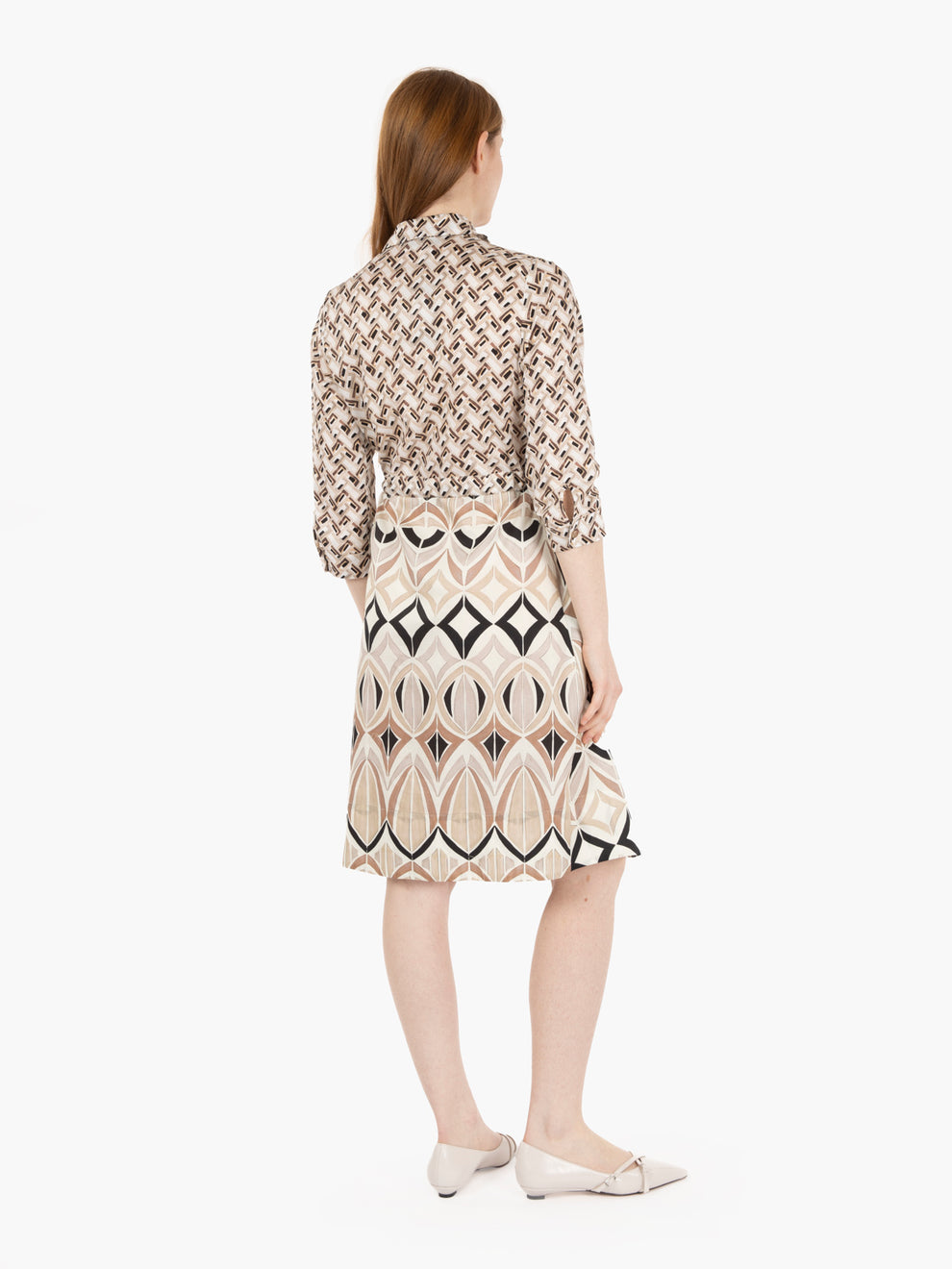 Beige patterned midi chemisier dress