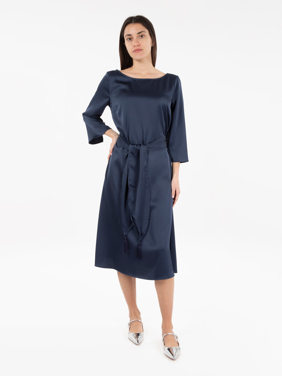 Blue Satin Midi Dress