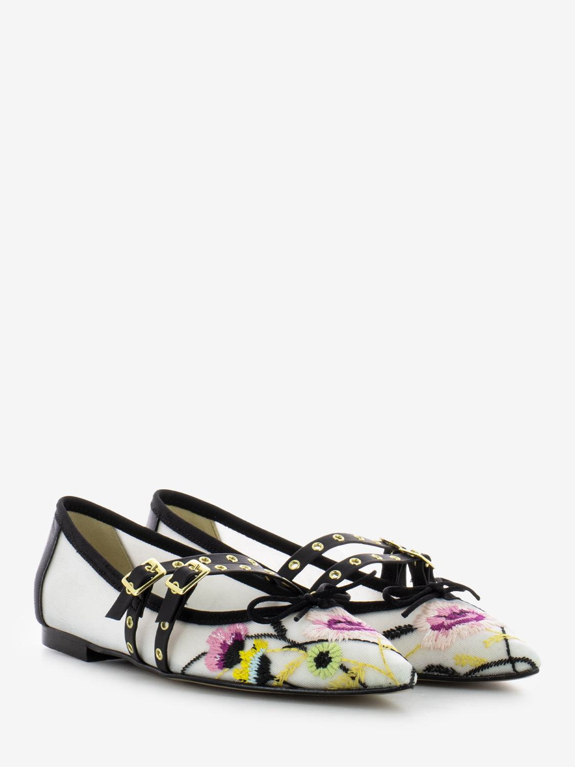 Ballerine in tessuto ricamato con fibbie bianco