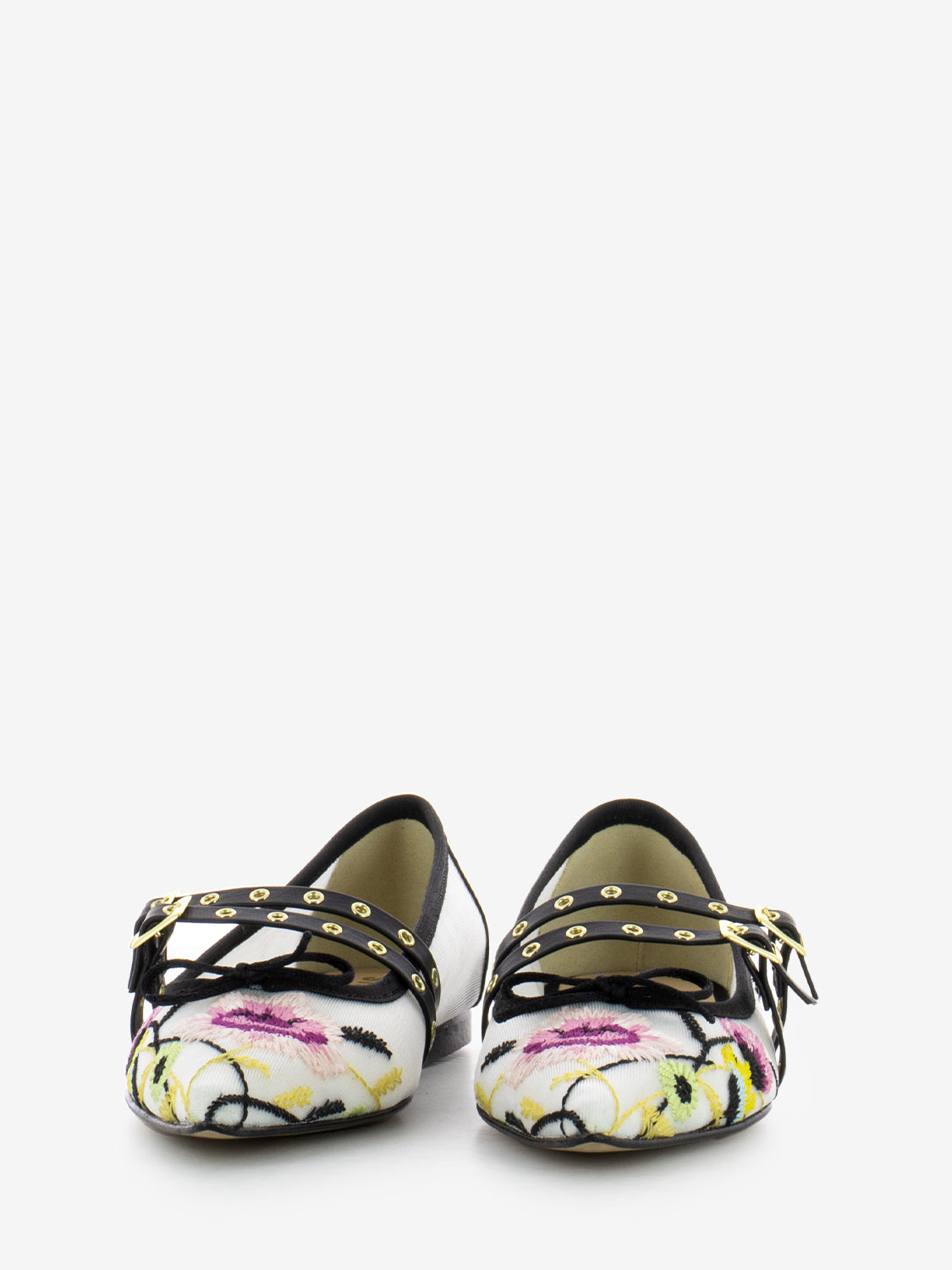 Ballerine in tessuto ricamato con fibbie bianco