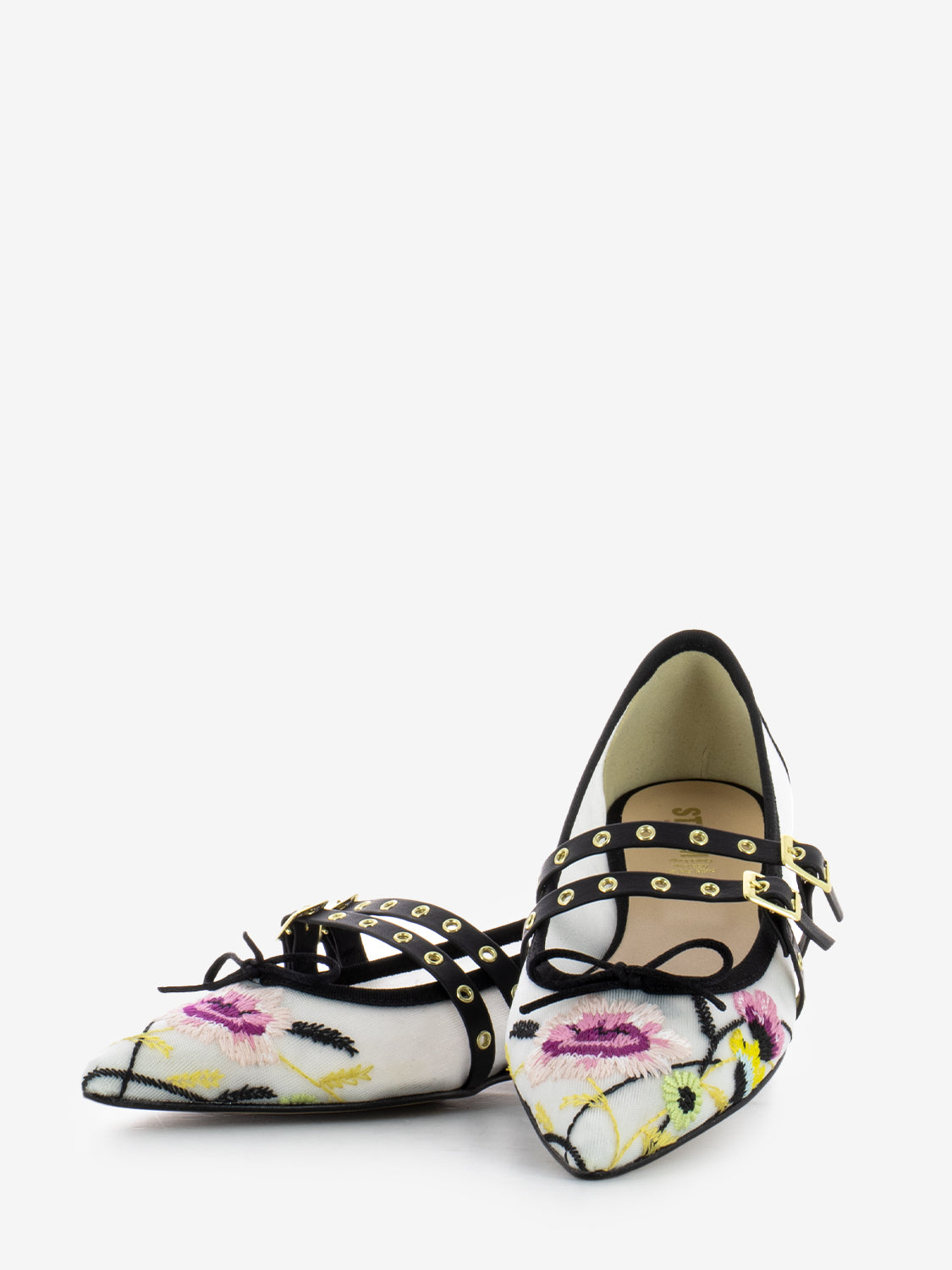 Ballerine in tessuto ricamato con fibbie bianco