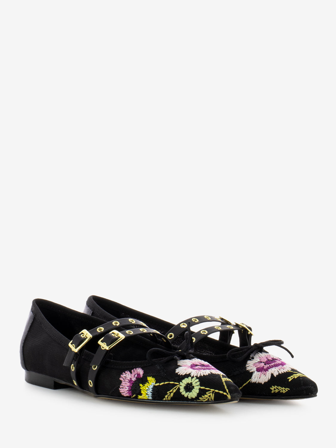 Embroidered fabric ballerinas with black buckles