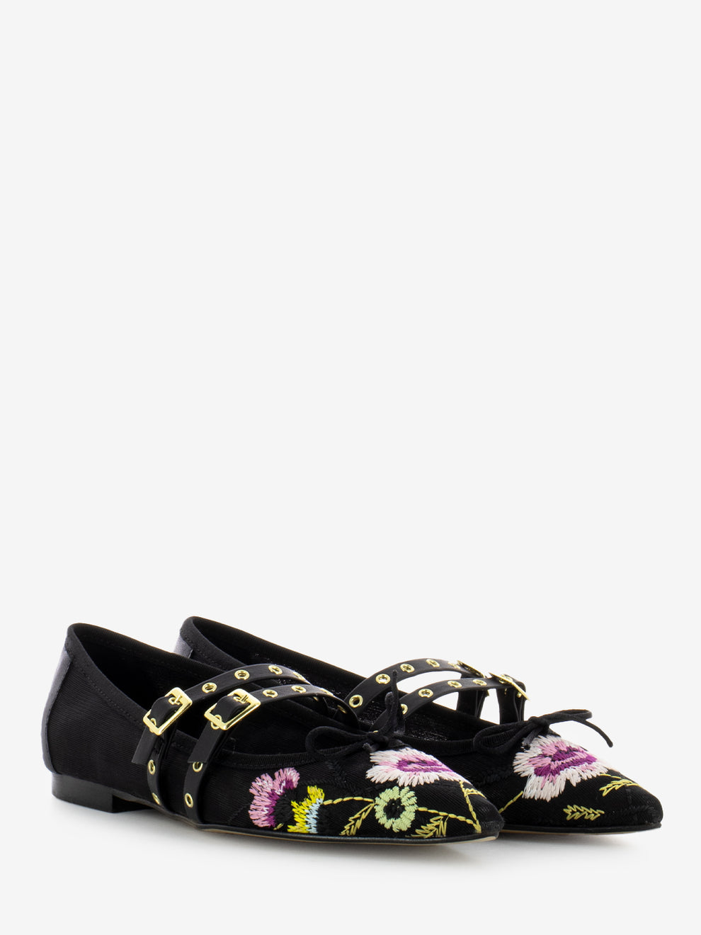 Embroidered fabric ballerinas with black buckles