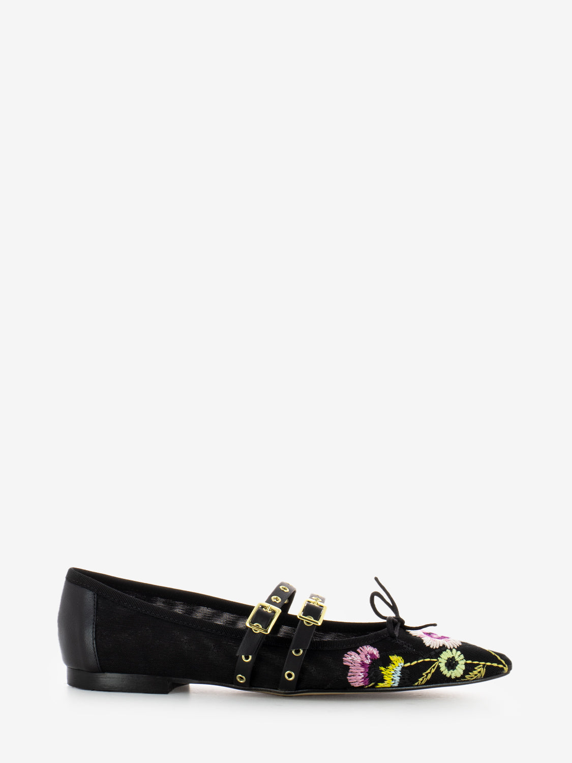 Embroidered fabric ballerinas with black buckles
