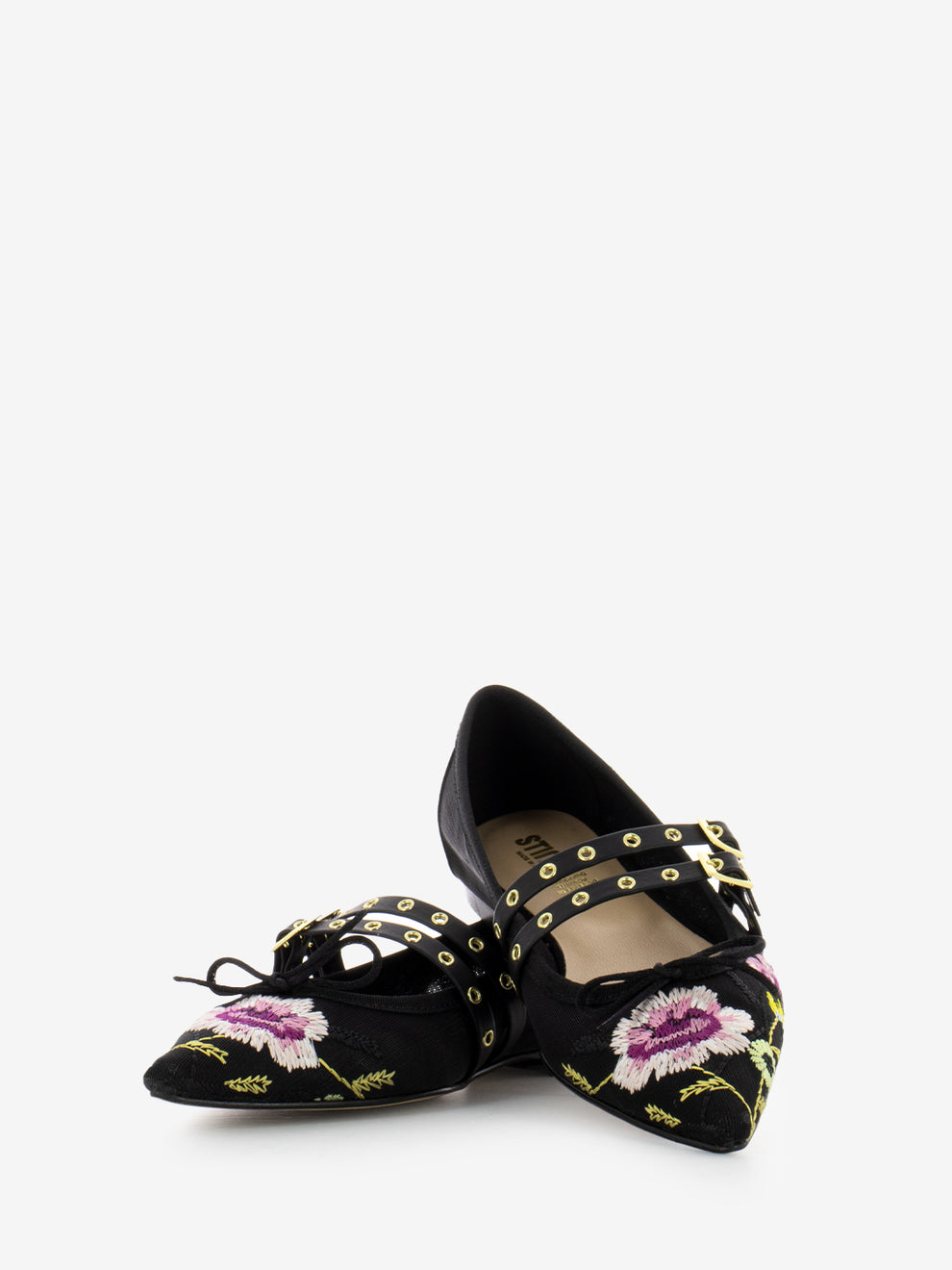Embroidered fabric ballerinas with black buckles
