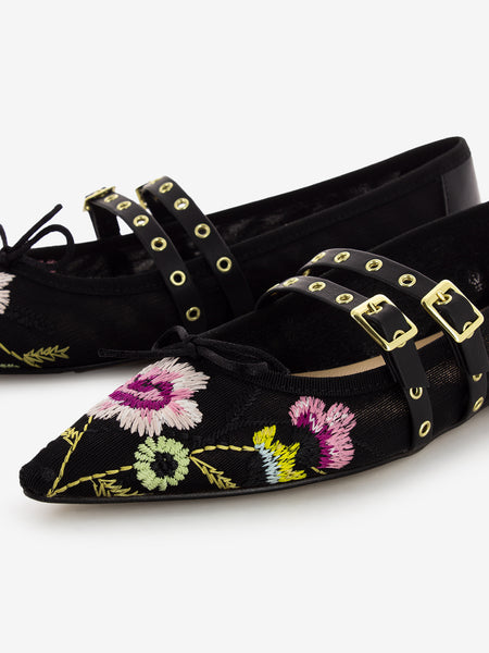 Ballerine in tessuto ricamato con fibbie nero