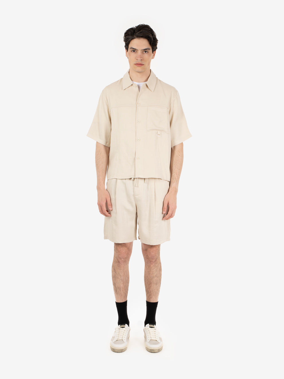 Ecru linen-effect Bermuda shorts