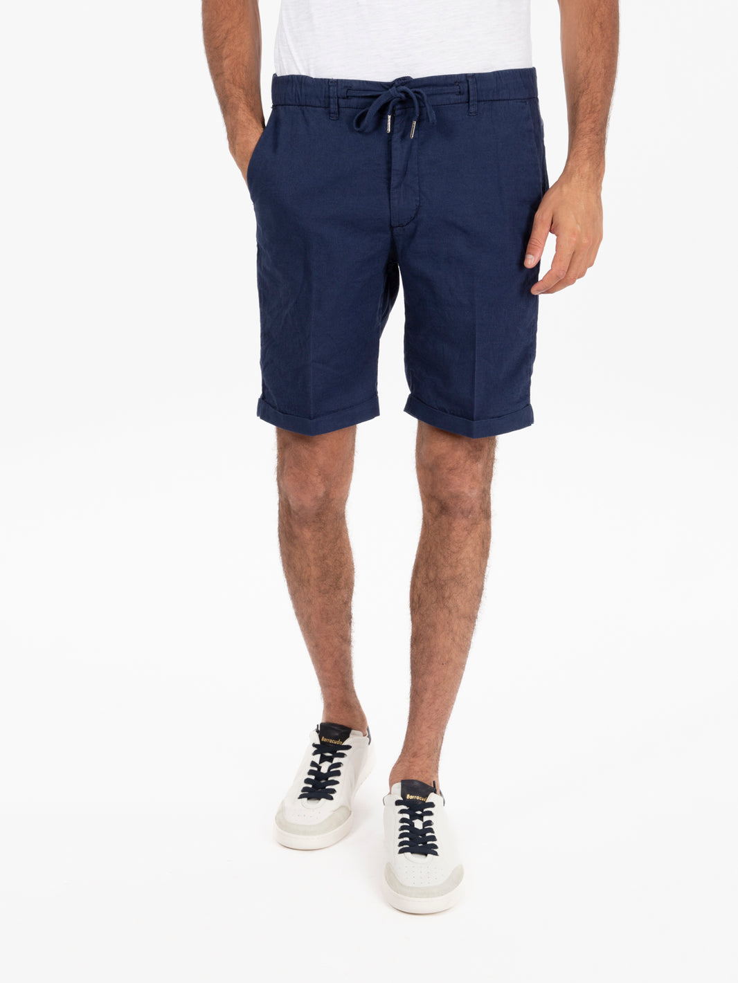 Navy Linen Lace Bermuda Shorts