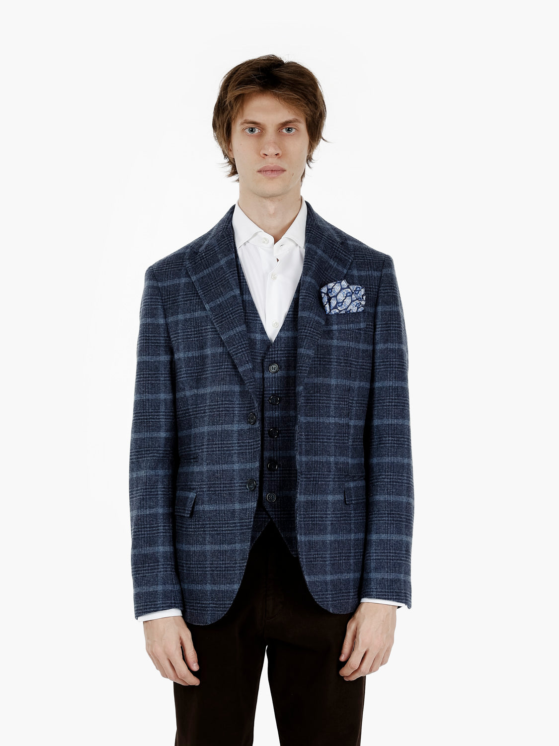 Blazer in misto lana check blu