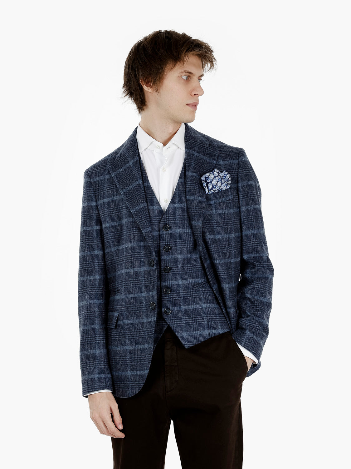 Blazer in misto lana check blu