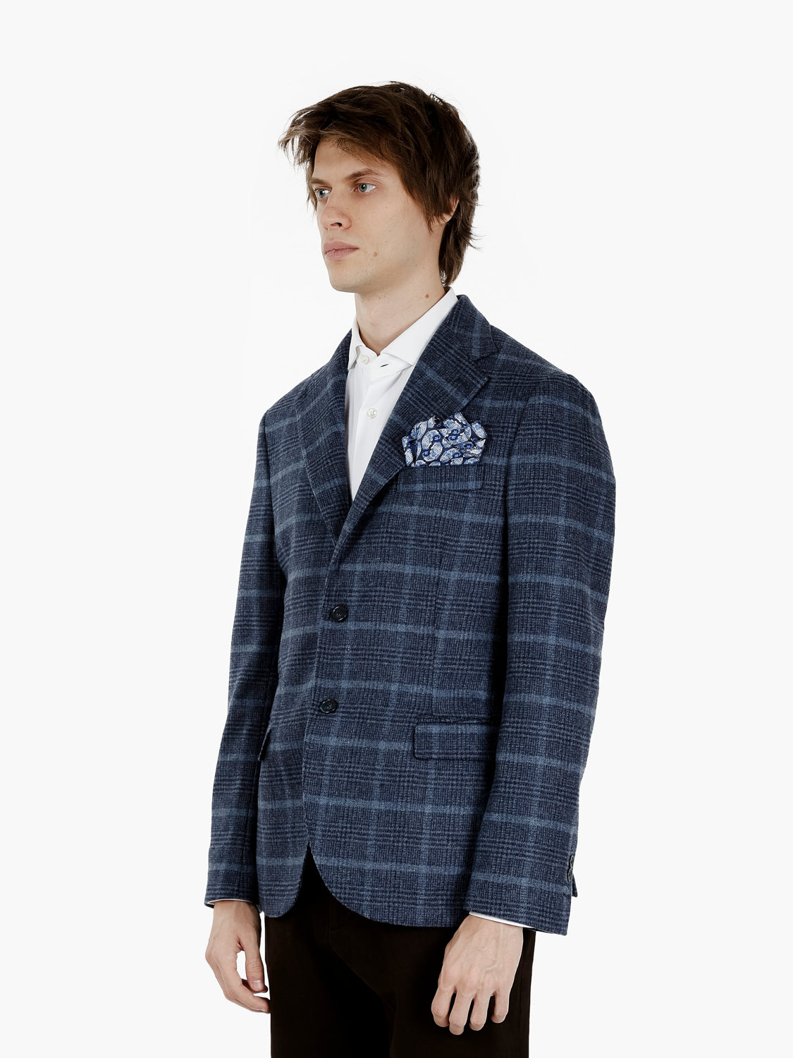 Blazer in misto lana check blu