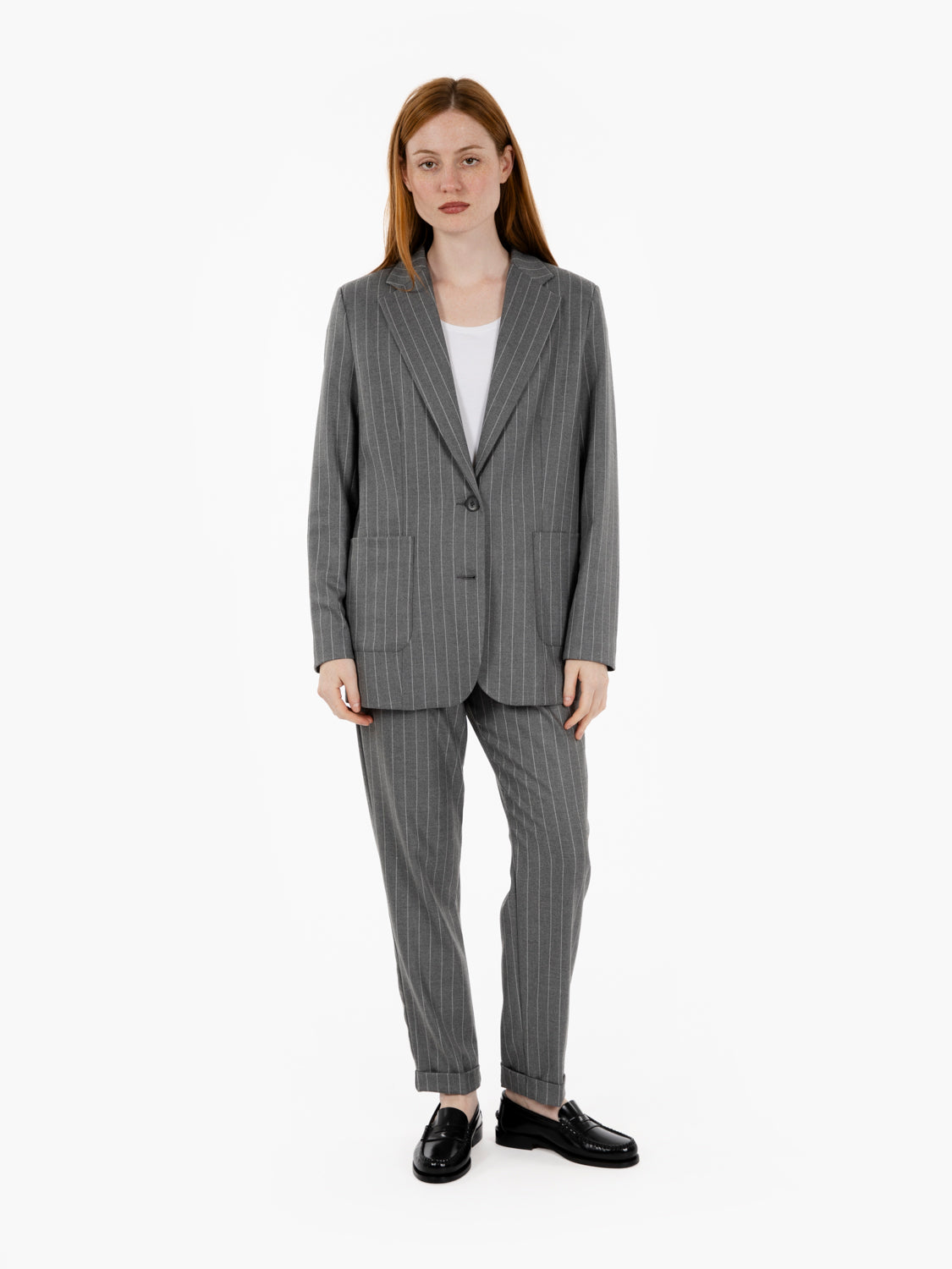 Grey pinstriped single-breasted blazer