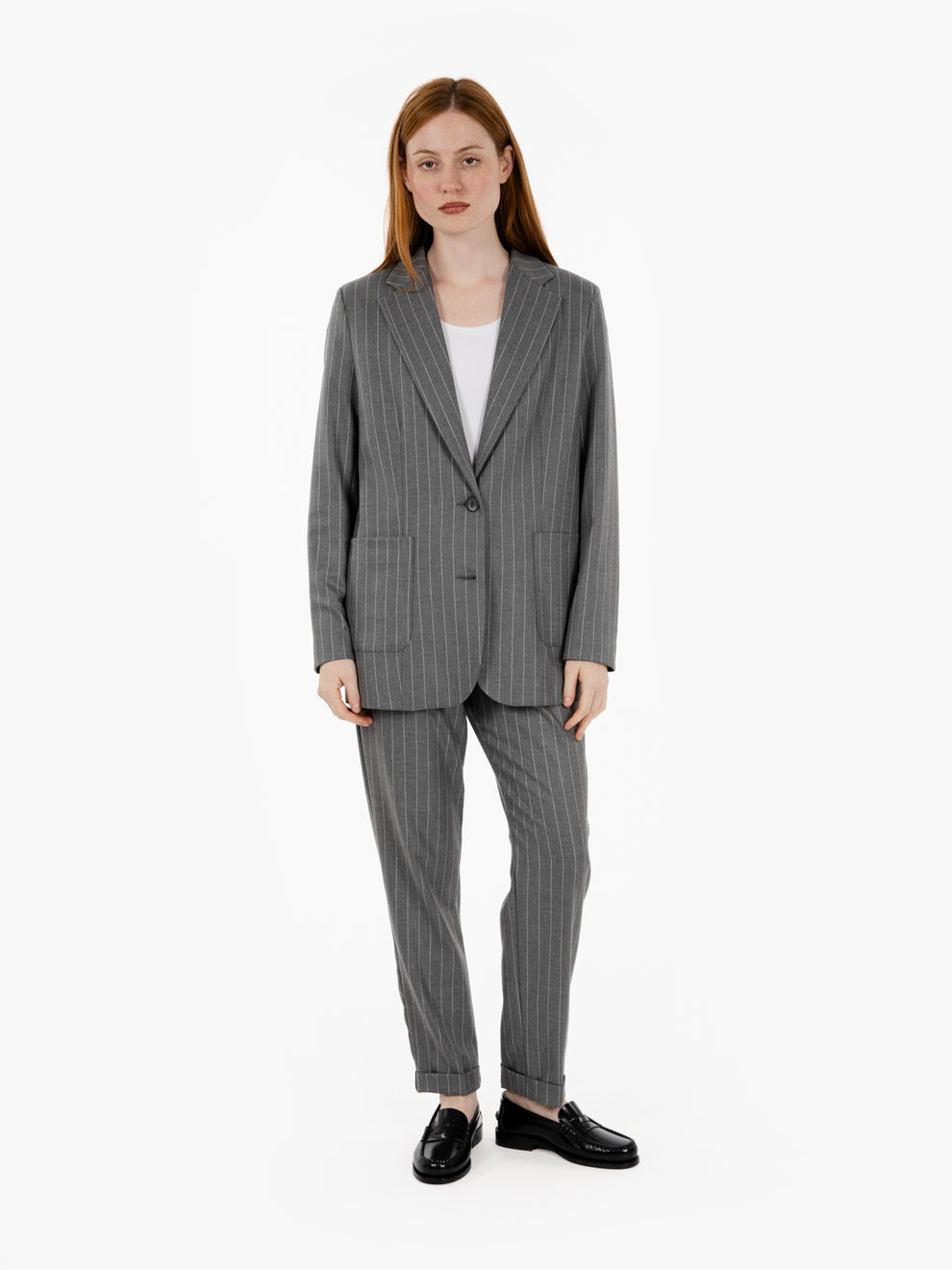 Grey pinstriped single-breasted blazer