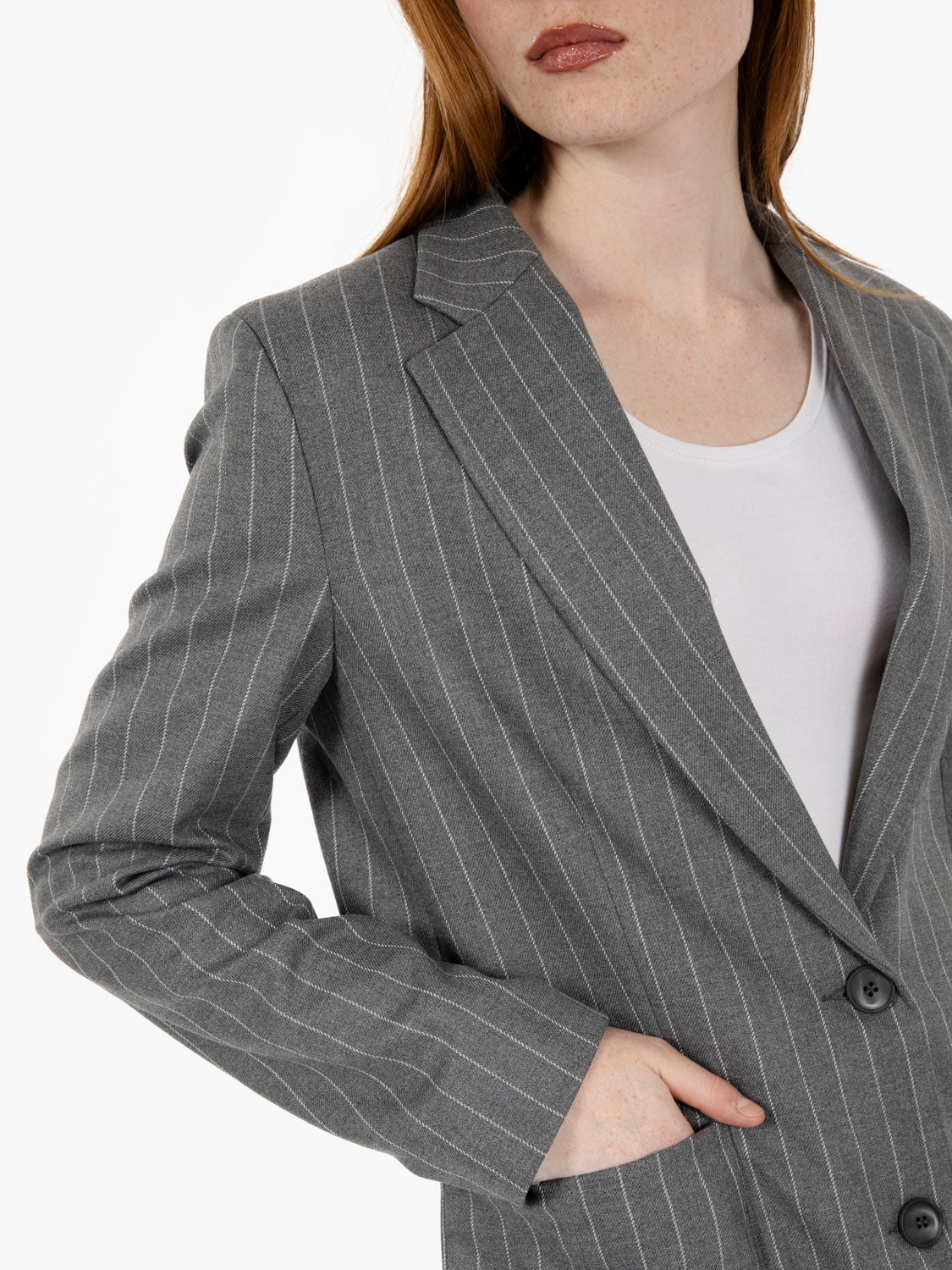 Grey pinstriped single-breasted blazer