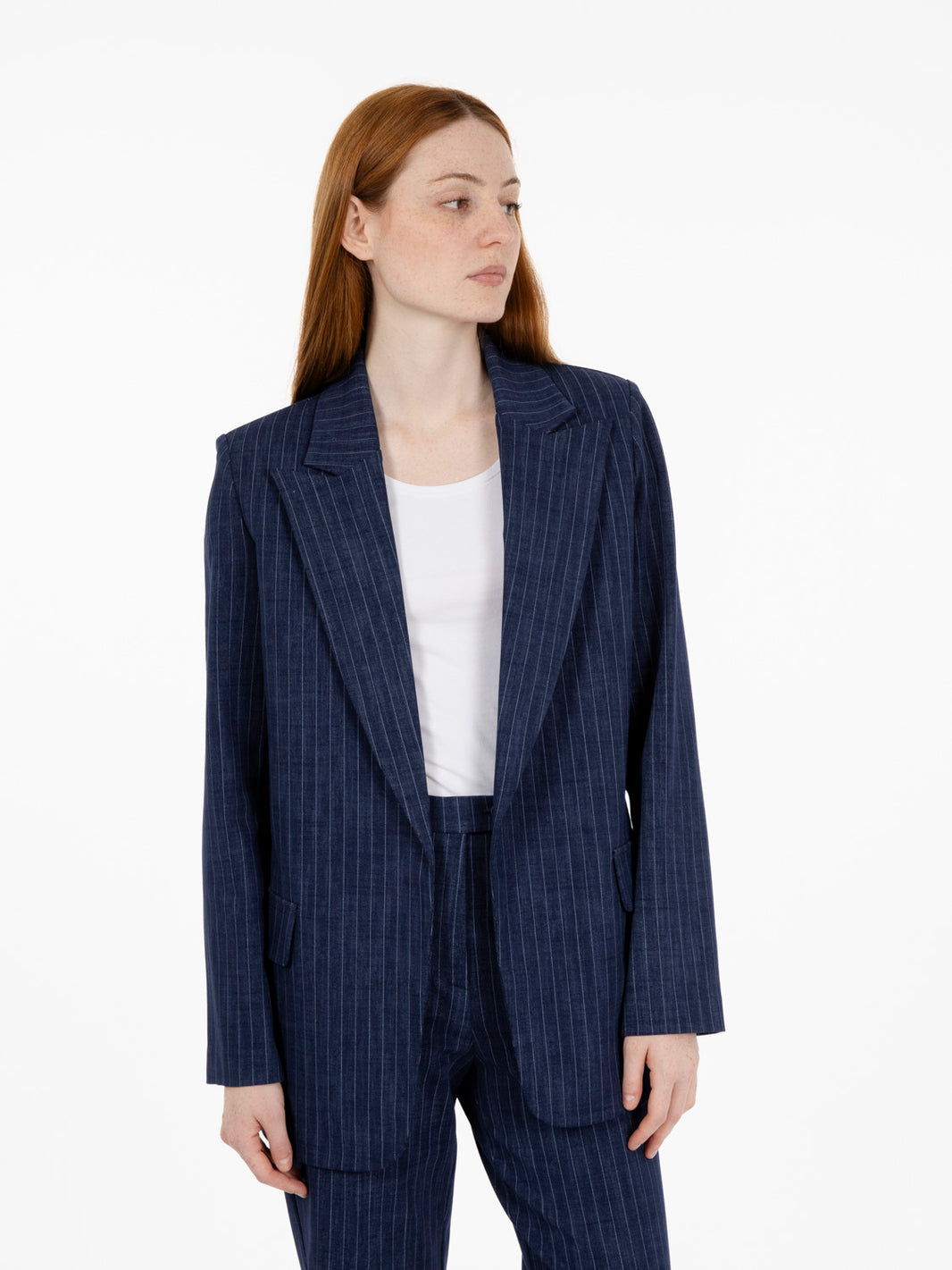 Blazer senza bottoni blu gessato