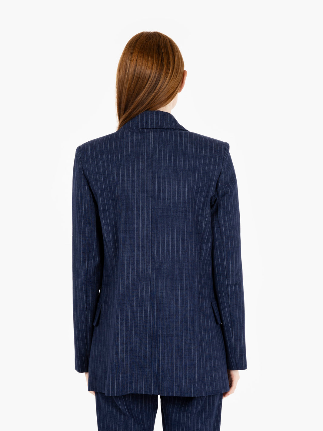 Blazer senza bottoni blu gessato