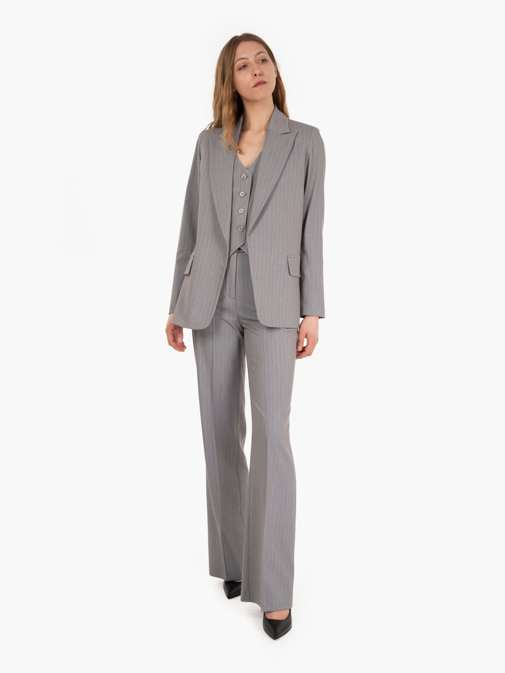 Blazer senza bottoni grigio gessato